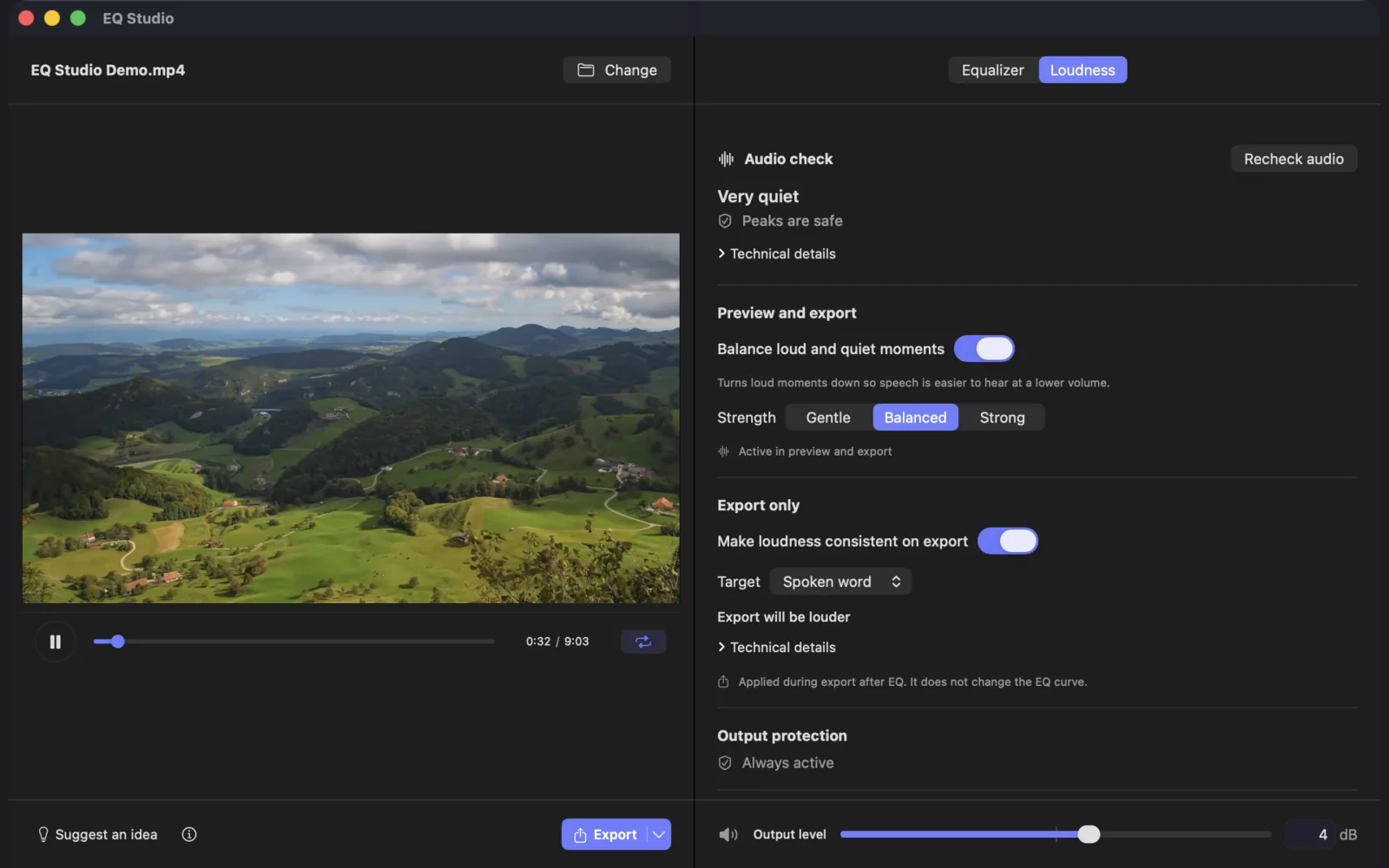 EQ Studio Audio check showing safe peaks beside a mountain valley video