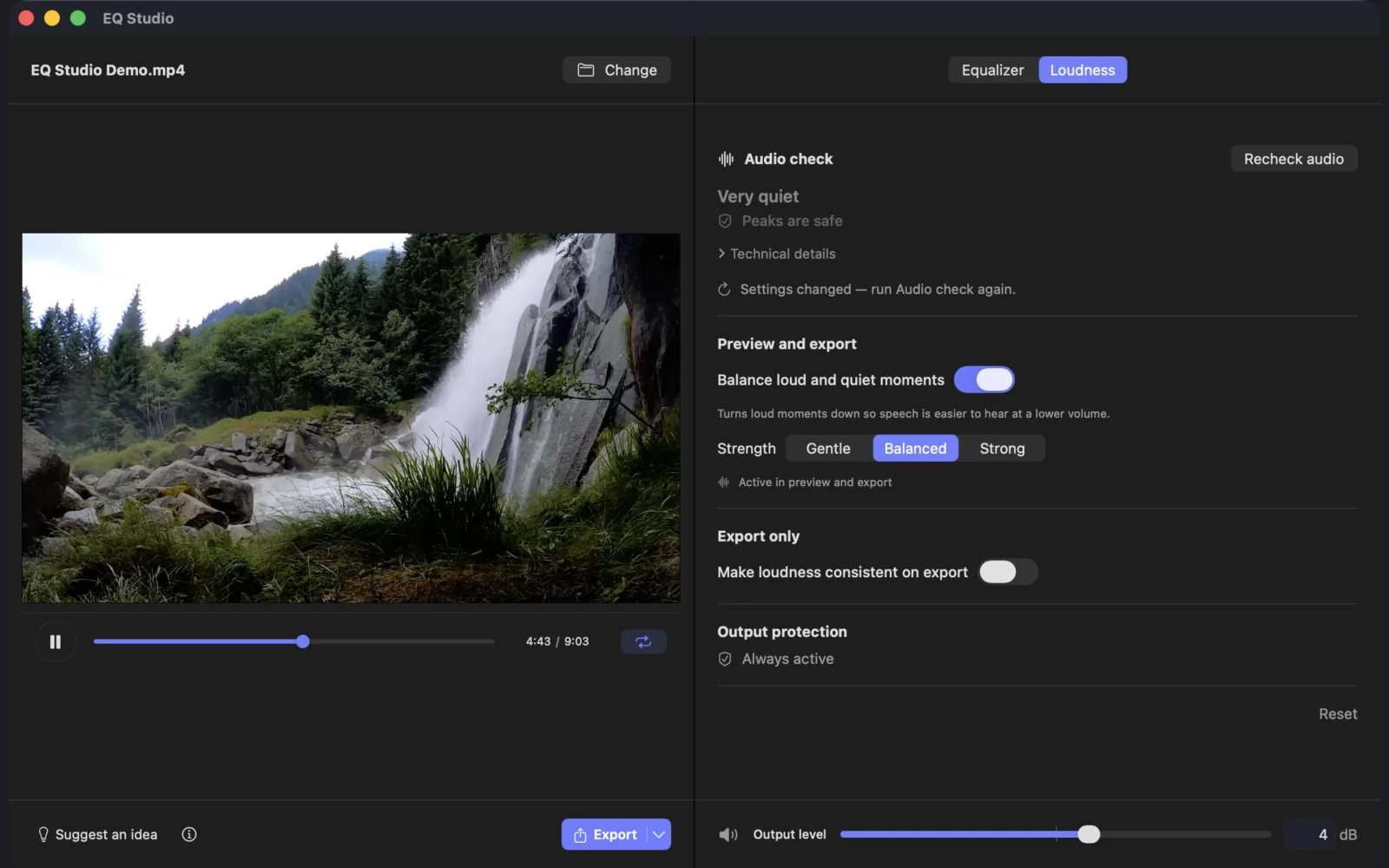 EQ Studio balancing loud and quiet moments in a waterfall video