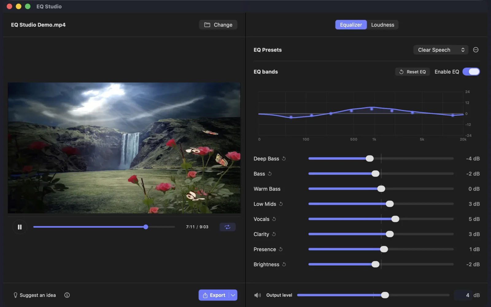 EQ Studio applying the Clear Speech preset to a waterfall video beneath dramatic light