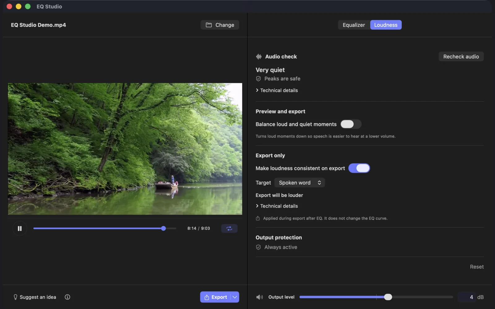 EQ Studio normalizing the final volume of a river video for export